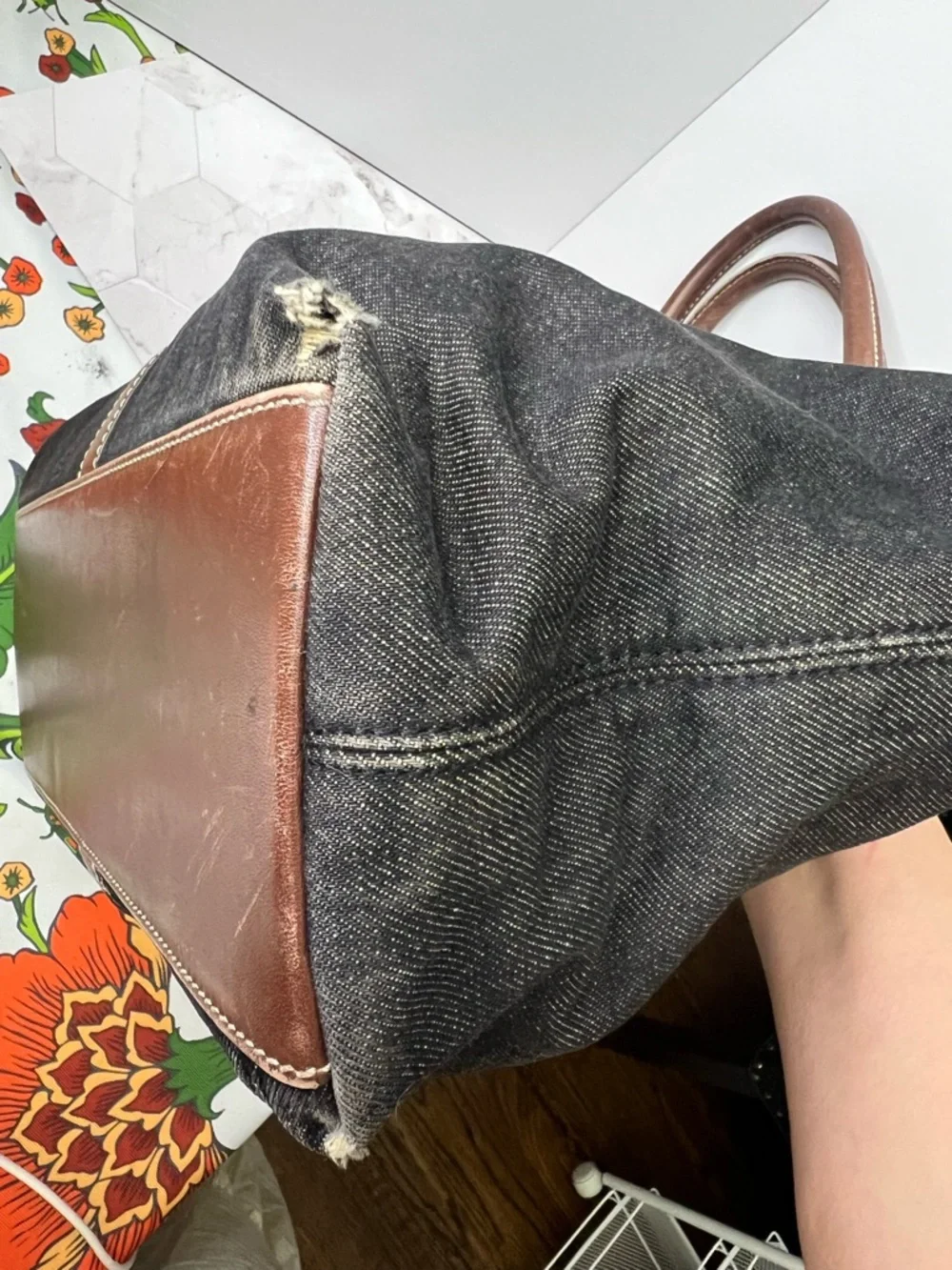 CHANEL Black Denim Tote with Brown Leather Trim and Gold CC Turnlock Accent - Picture 8 of 11